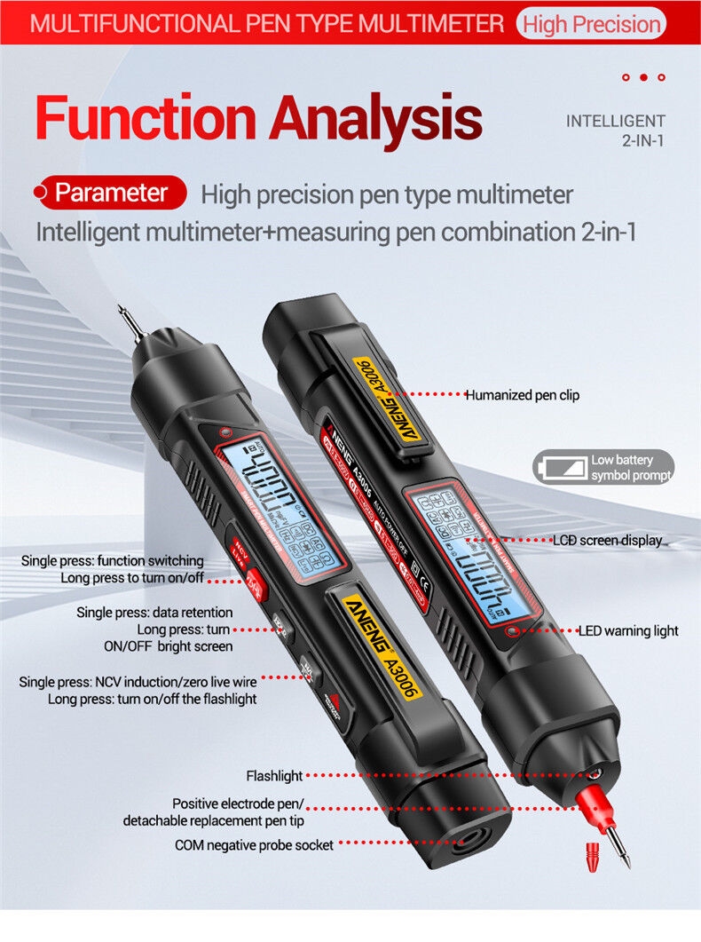 For A3006 Digital Multimeter 4000-Count Professional AC/DC Voltage Tester 600V Pen-Type High Precision Low Battery Indicator