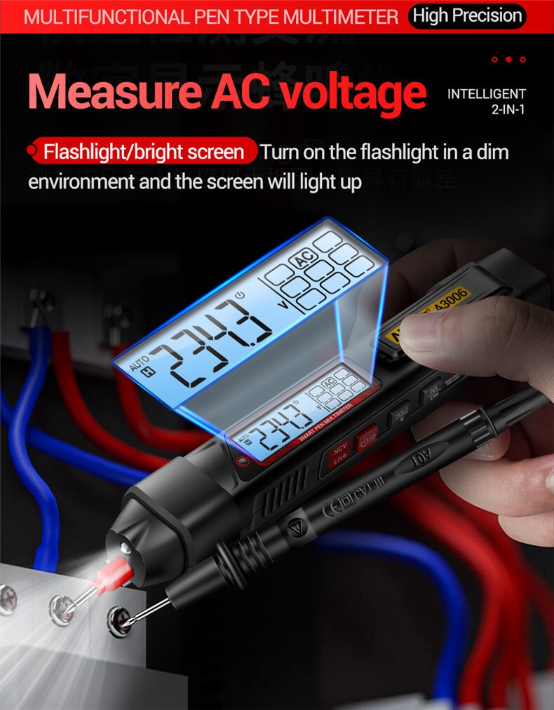 For A3006 Digital Multimeter 4000-Count Professional AC/DC Voltage Tester 600V Pen-Type High Precision Low Battery Indicator