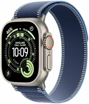 Apple Watch Ultra 3 GPS + Cellular 49mm Premium Running and Multisport Smartwatch with Rugged Natural Titanium Case with Blue/Bright Blue Trail Loop S/M. Advanced Health and Fitness Tracking