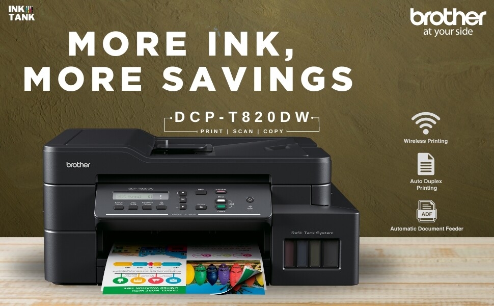 Brother Ink Tank DCP-T820DW WIFI Auto Duplex Color Multifunction Printer (Print Scan Copy), ADF, LCD, LAN, Print Up to 7.5K Pages Black & 5K in Color Each for (CMY), Extra Black Ink,