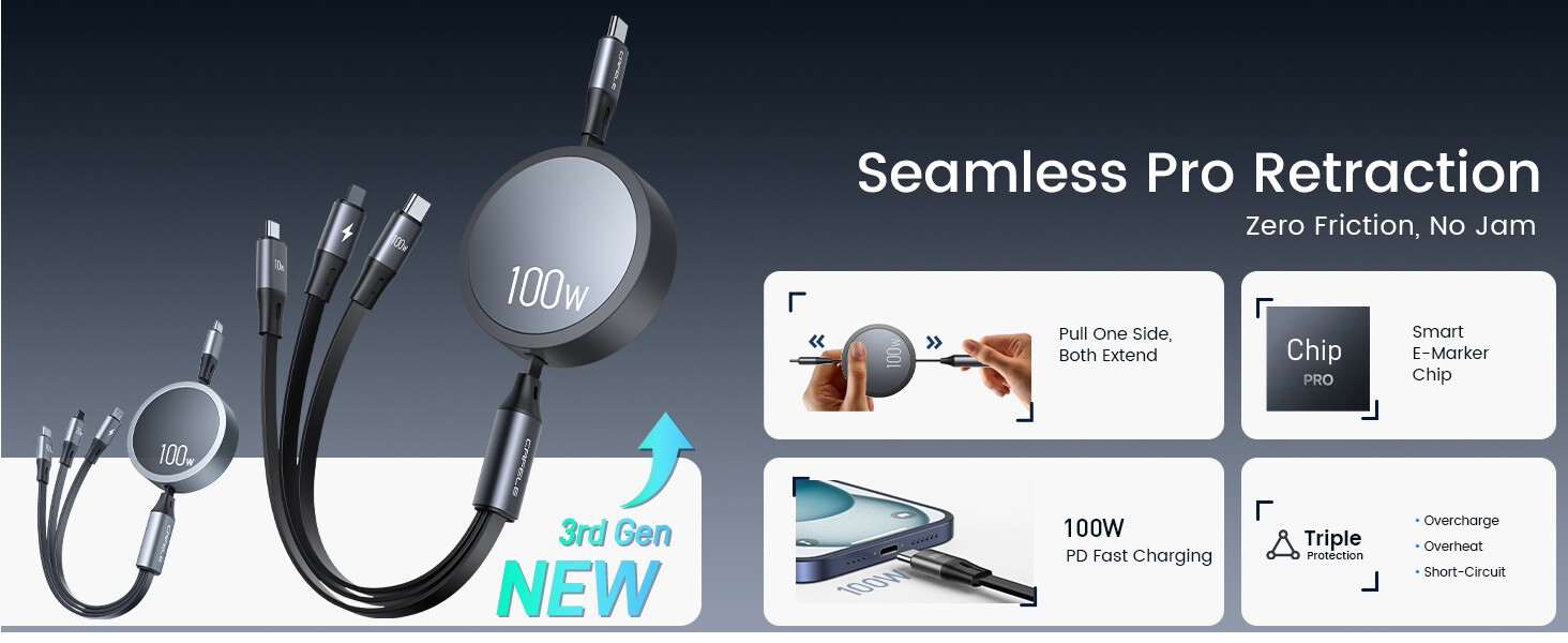 4 new upgration 100W 3 in 1 Charging Cable Retractable Fits all devices For home, travel, car