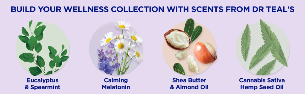 eucalyptus, melatonin, shea butter & almond oil, hemp ingredients for other Dr. teals products