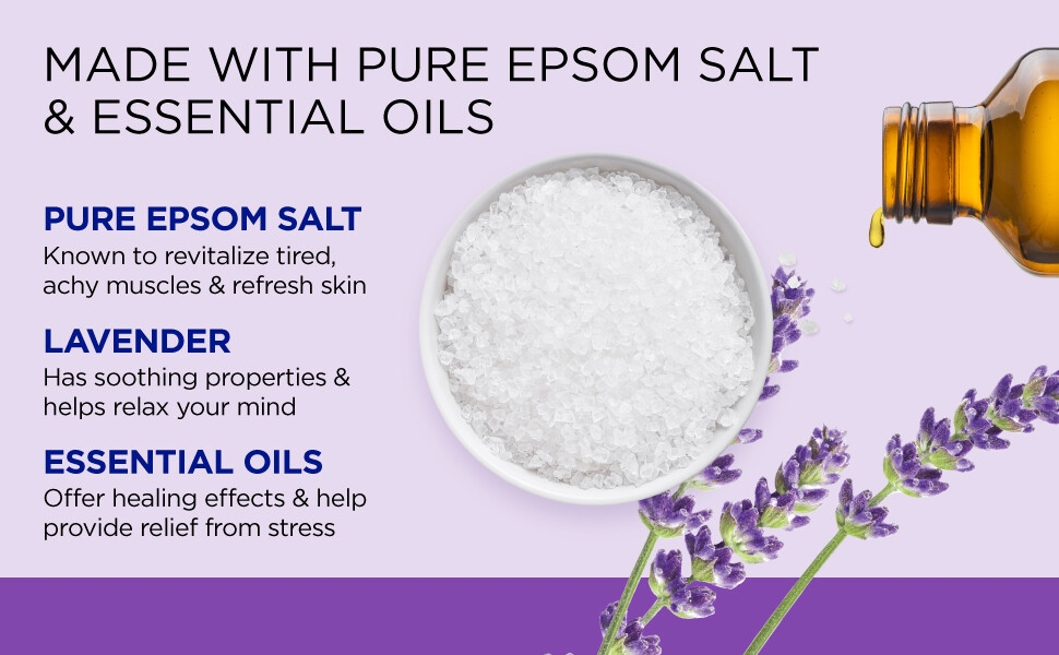 epsom salt, lavender plant, and essential oils