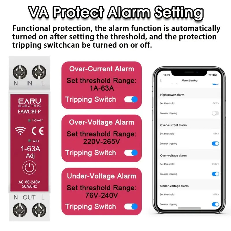wifi breaker mcb timer 1p n 63a kwh voltage current meter protector voice remote control switch details 4