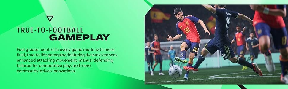 Text reads 'EVERY MOMENT GAMEPLAY' on bright green background with sports gameplay screenshot showing soccer/football players in action.