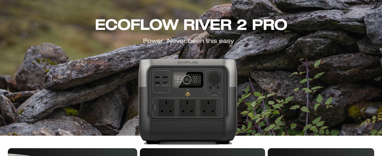 EcoFlow River 2 Pro portable power station with digital display and multiple outlets, shown outdoors on rocky terrain with vegetation.