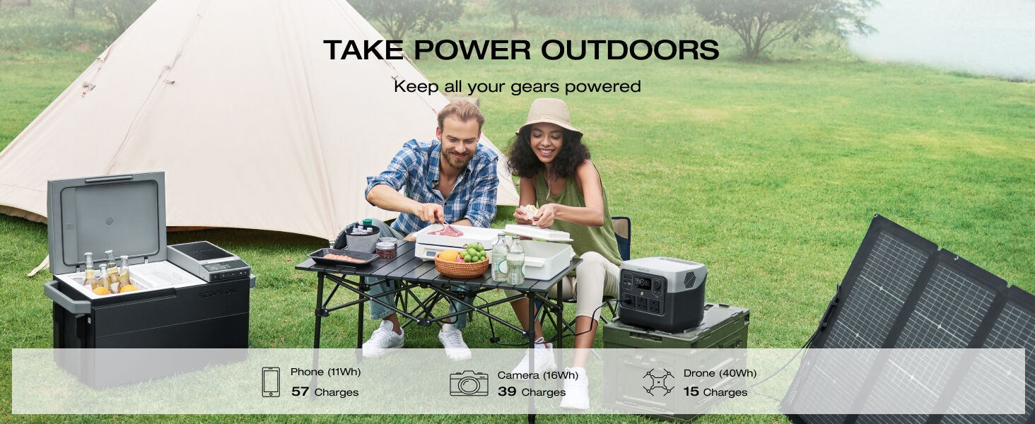 Outdoor power station setup with cooler, solar panel, power bank, and lighting. People using equipment for camping and portable power needs.