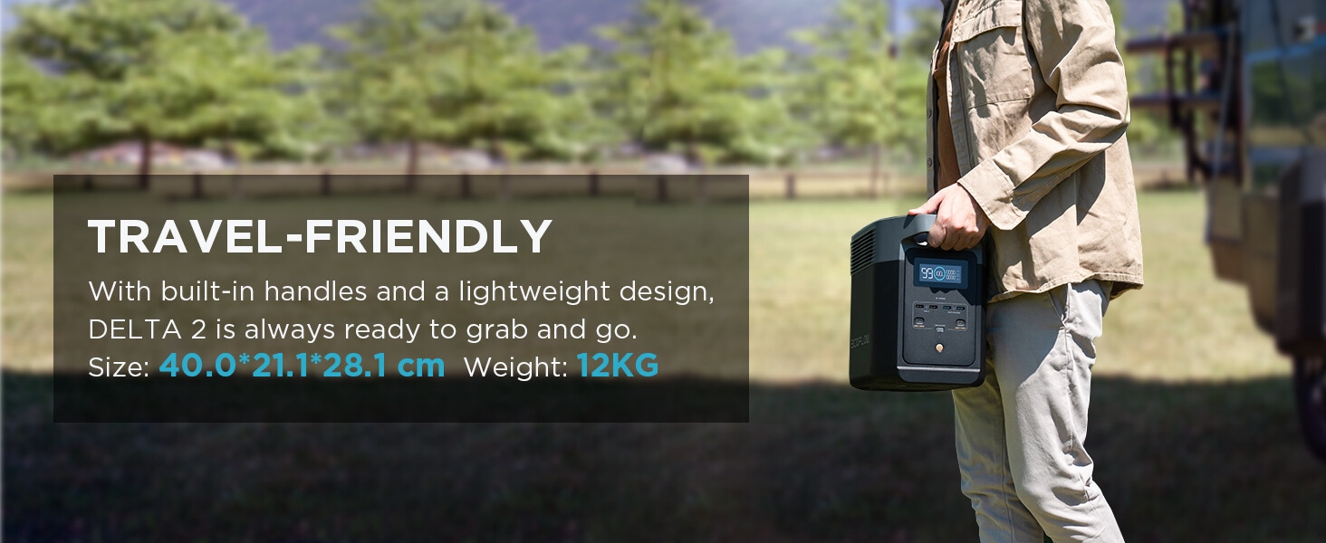 Person holding a compact black device with handle, described as travel-friendly. Text indicates it has built-in handles and lightweight design.