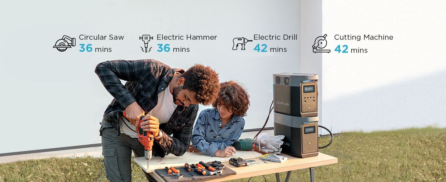 Outdoor scene with people using power tools on a table. Icons show circular saw, electric hammer, electric drill, and cutting machine with runtime values.