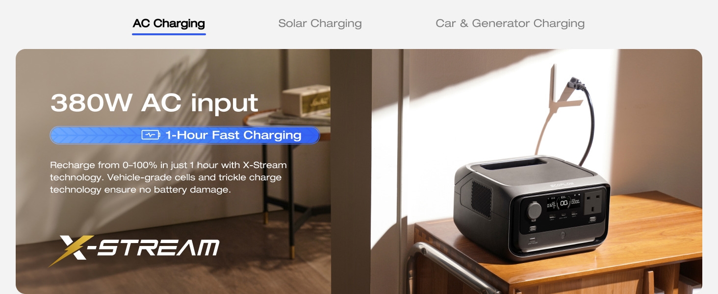 Portable power station on table, featuring 380W AC input and multiple charging options including solar and car charging. X-Stream branding visible.