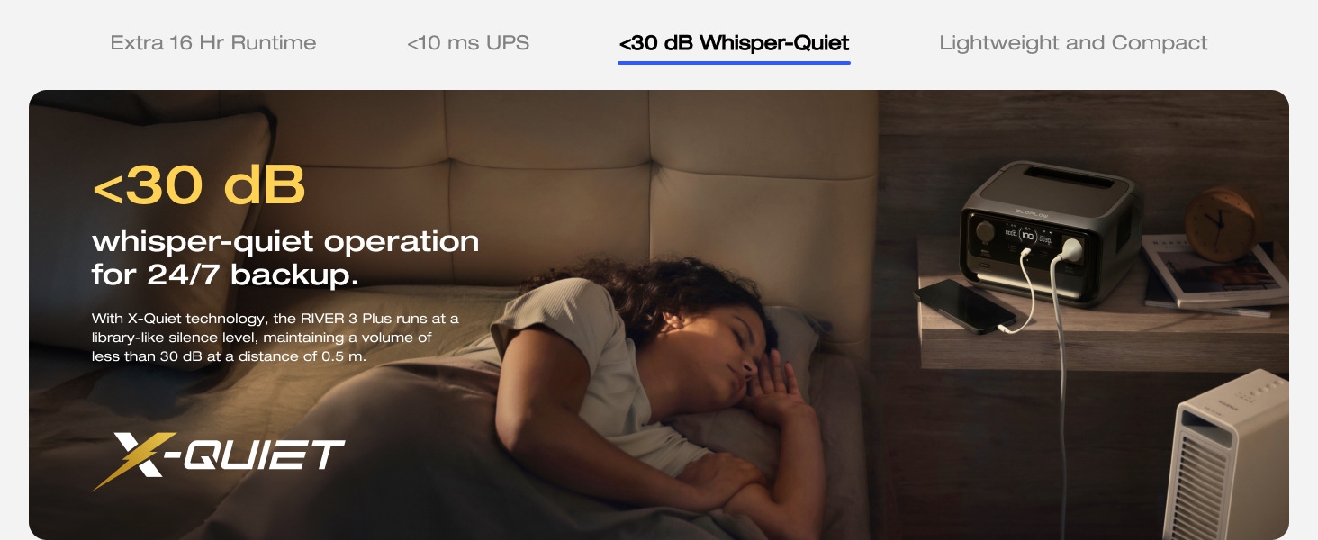 Marketing image showing X-Quiet technology featuring <30 dB whisper-quiet operation text overlay, demonstrating quiet nighttime functionality.