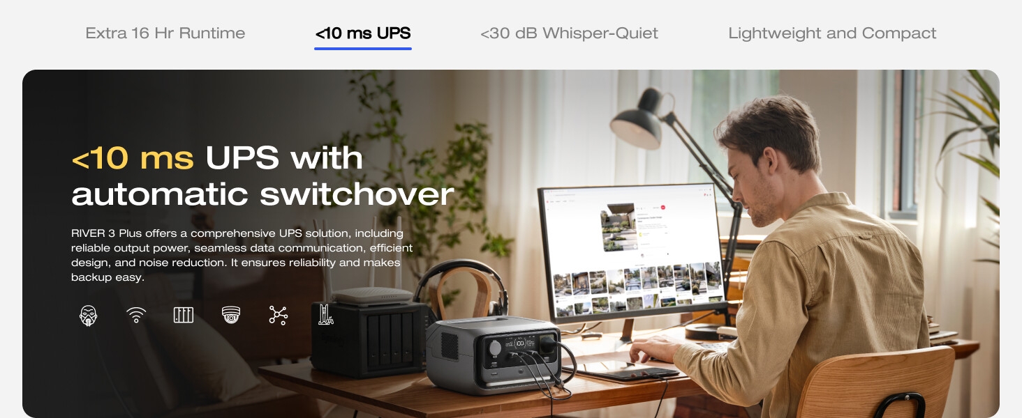 Product advertisement showing UPS device with automatic switchover feature, highlighting '<10 ms' response time in yellow text.