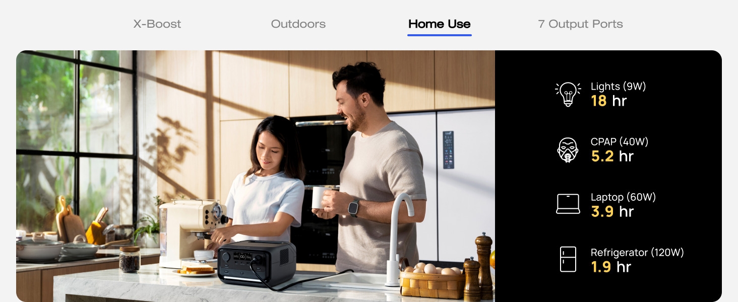 Kitchen appliance with information display showing power output statistics and operating times in a modern home kitchen setting.