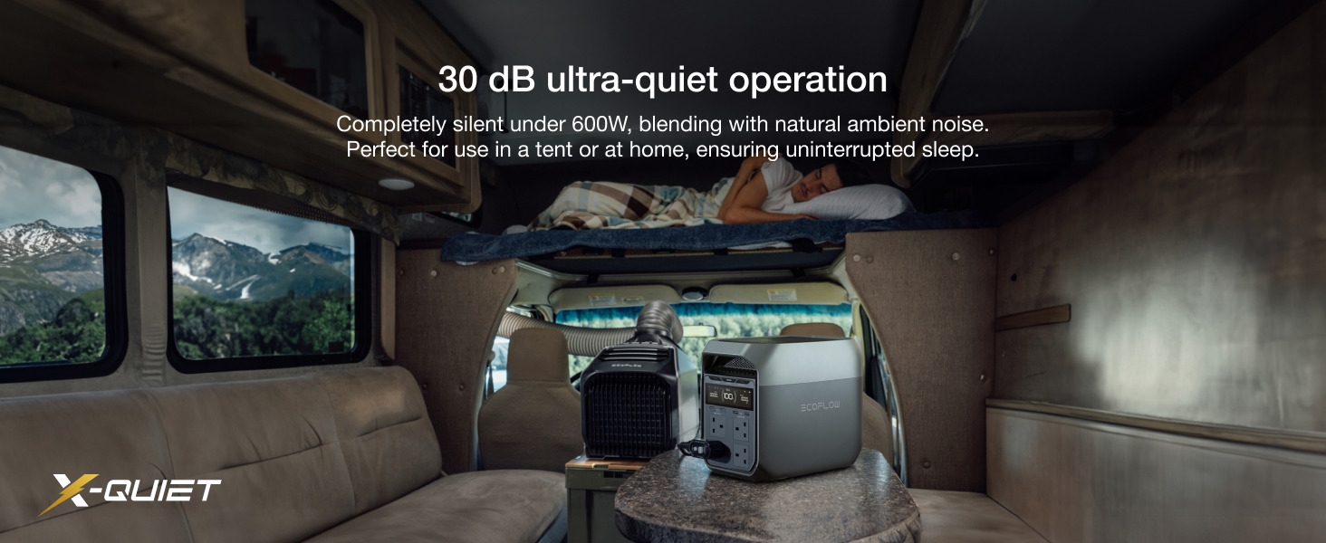 Portable air conditioner in camper van interior. Text highlights 30 dB ultra-quiet operation. Unit sits on floor between seats, with windows showing outdoor scenery.