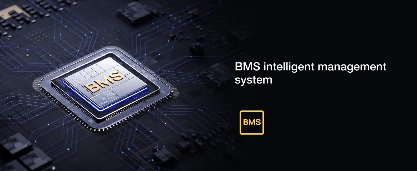 Close-up of a microchip on a dark circuit board. The chip has 'BMS' printed on it, indicating a Battery Management System. Text reads 'BMS intelligent management system'.