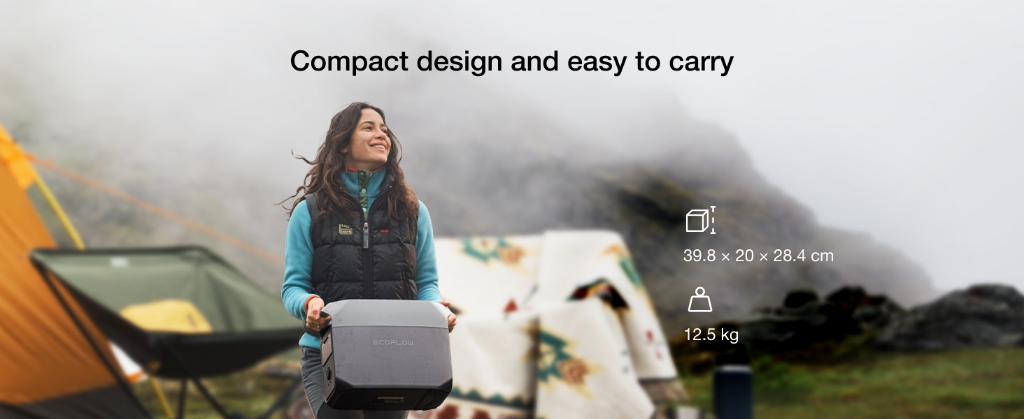 a woman holding a laptop in front of a tent.