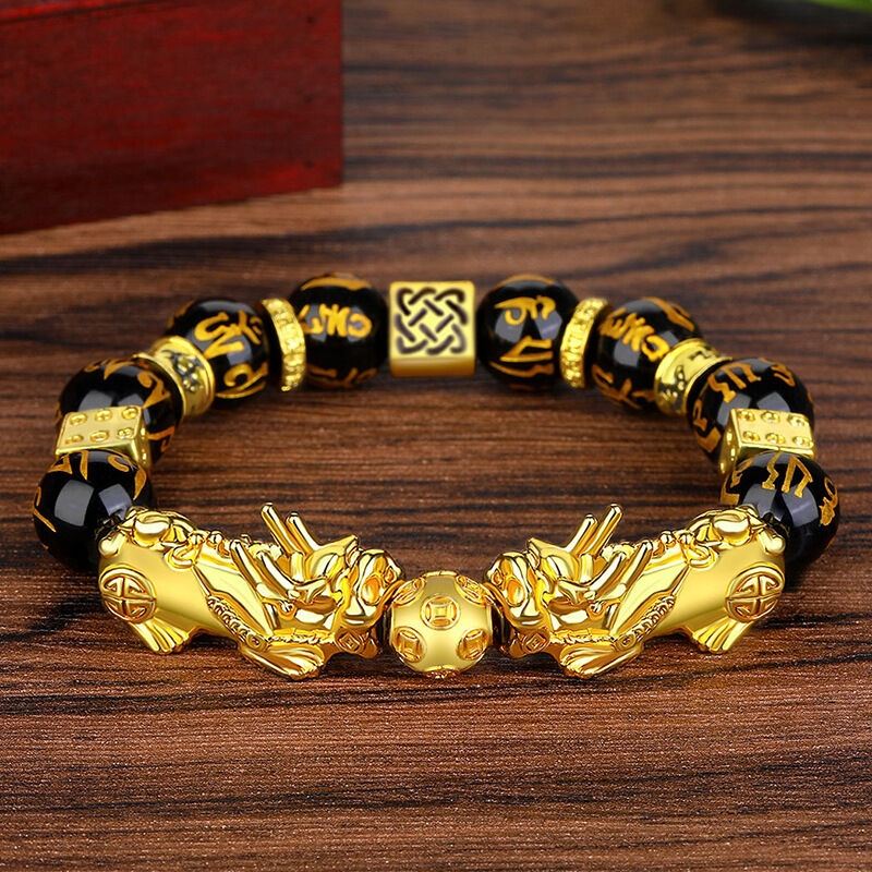 Men's large Vietnamese sand gold brave bracelet obsidian six-character mantra prayer beads bracelet imitation gold solid leather hills