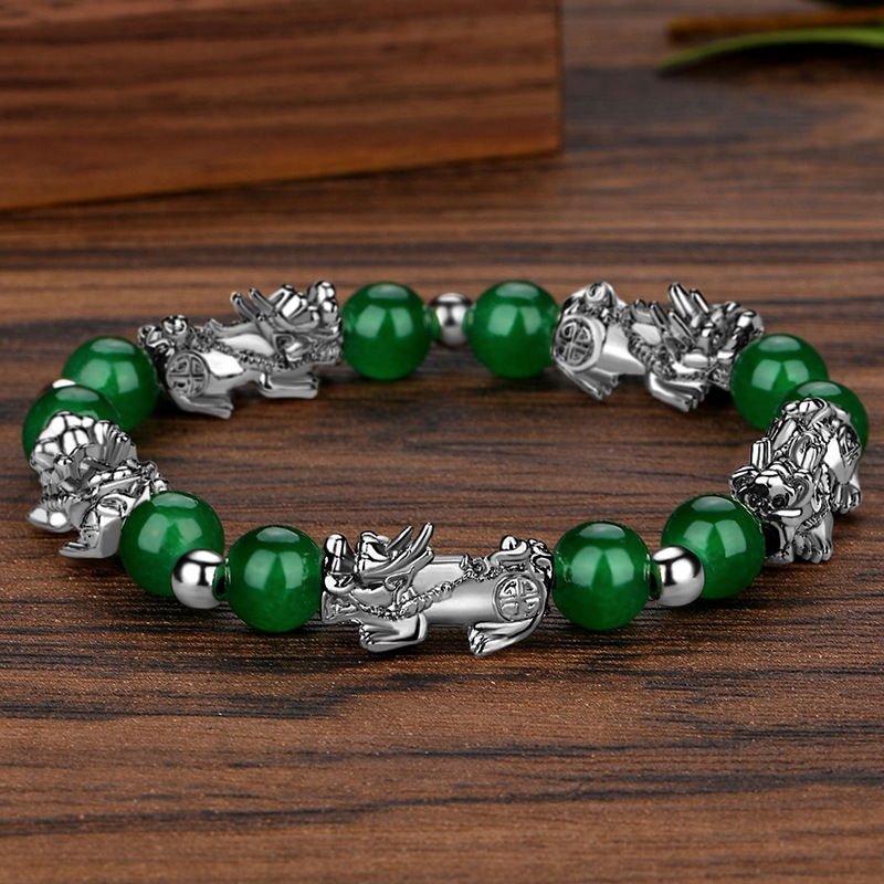 Imitation S999 Sterling Silver 3D Hard Retro Men's Domineering Thai Silver Pixiu Bracelet Lucky Ancient Silver Obsidian Bead Bracelet