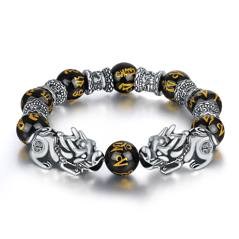 Imitation S999 Sterling Silver 3D Hard Retro Men's Domineering Thai Silver Pixiu Bracelet Lucky Ancient Silver Obsidian Bead Bracelet