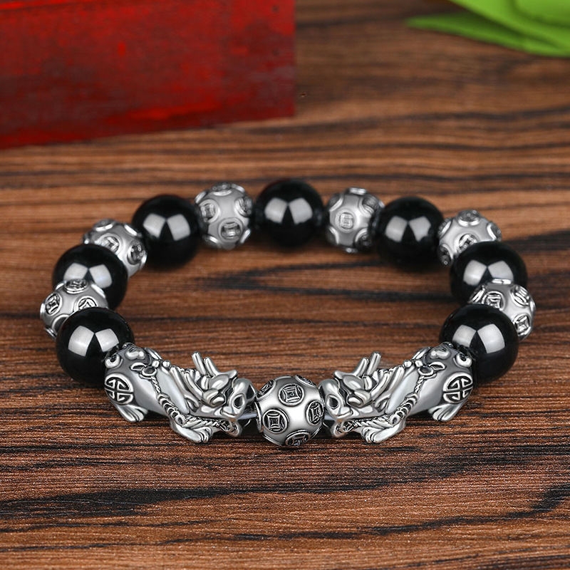 Imitation S999 Sterling Silver 3D Hard Retro Men's Domineering Thai Silver Pixiu Bracelet Lucky Ancient Silver Obsidian Bead Bracelet