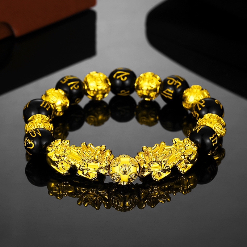 Vietnam sand gold brave bracelet men and women imitation 3D hard gold 99 obsidian lucky Piqiu Buddha beads jewelry will not fade for a long time