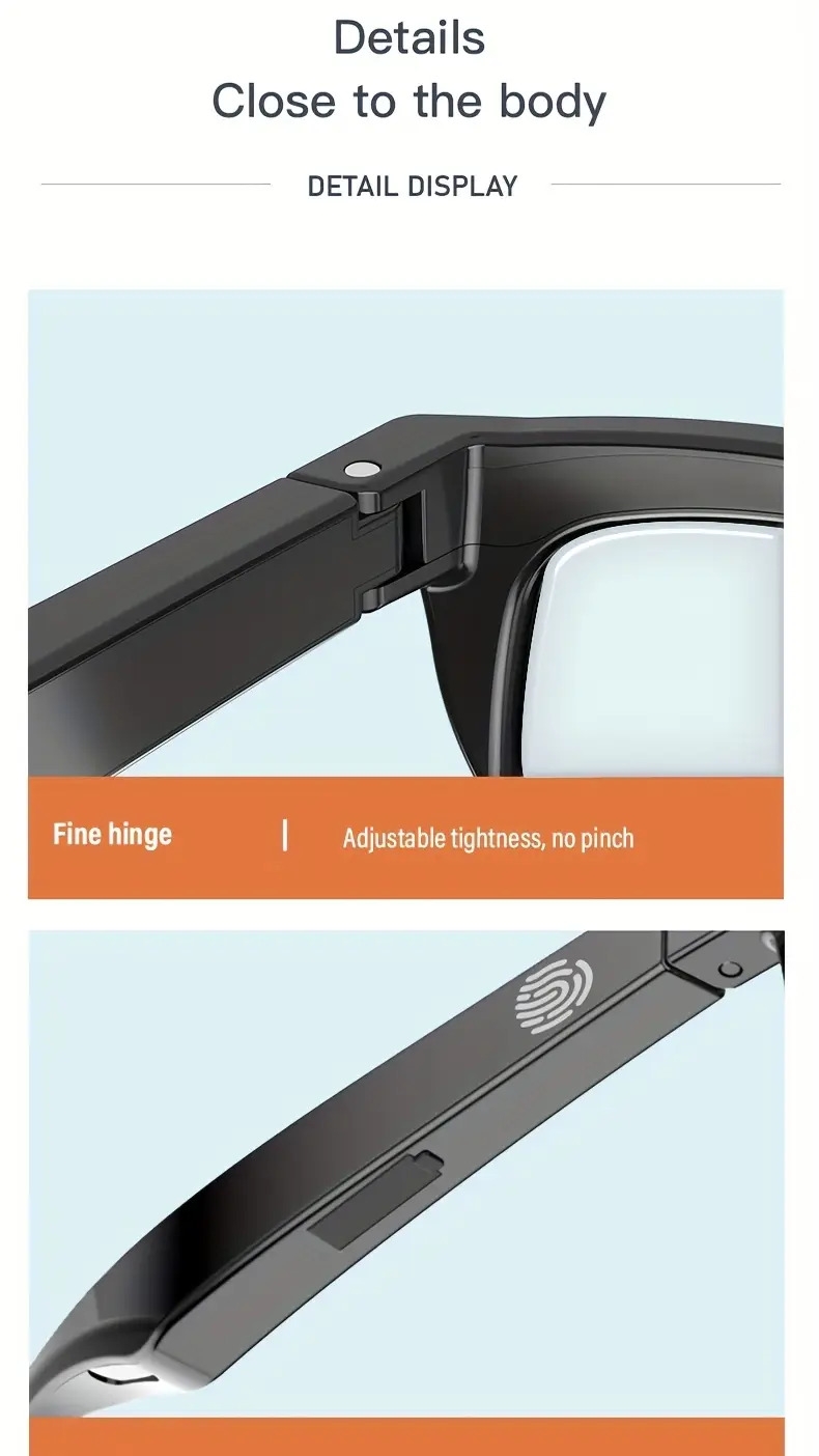   v5 3 wireless smart glasses touch connection hifi   rechargeable lithium battery hd lenses ideal for music calls long   perfect gift for tech enthusiasts wireless glasses modern glasses touch control glasses details 8