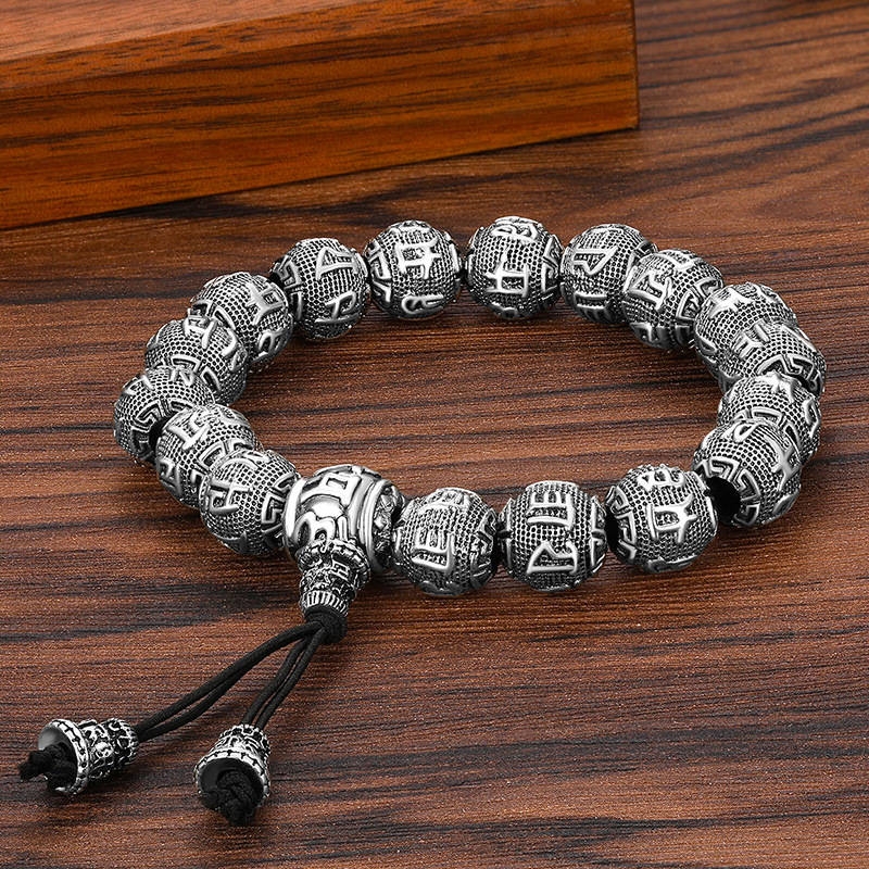 Imitation natural obsidian hot stamping six-character mantra beads bracelets Buddha head stupa tee rosary Buddhist Thai silver bracelet
