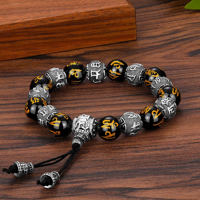 Imitation natural obsidian hot stamping six-character mantra beads bracelets Buddha head stupa tee rosary Buddhist Thai silver bracelet