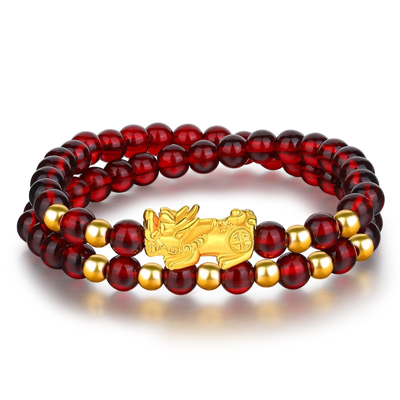 Imitation natural burgundy garnet brave bracelet 999 feet gold 3D hard gold women's crystal bracelet