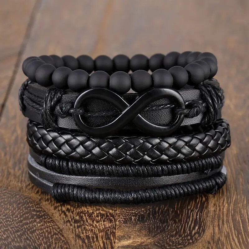 4pcs set punk hip hop handmade braided rope pu leather infinity cycle pendant mens bracelet bangle casual holiday party accessories details 2