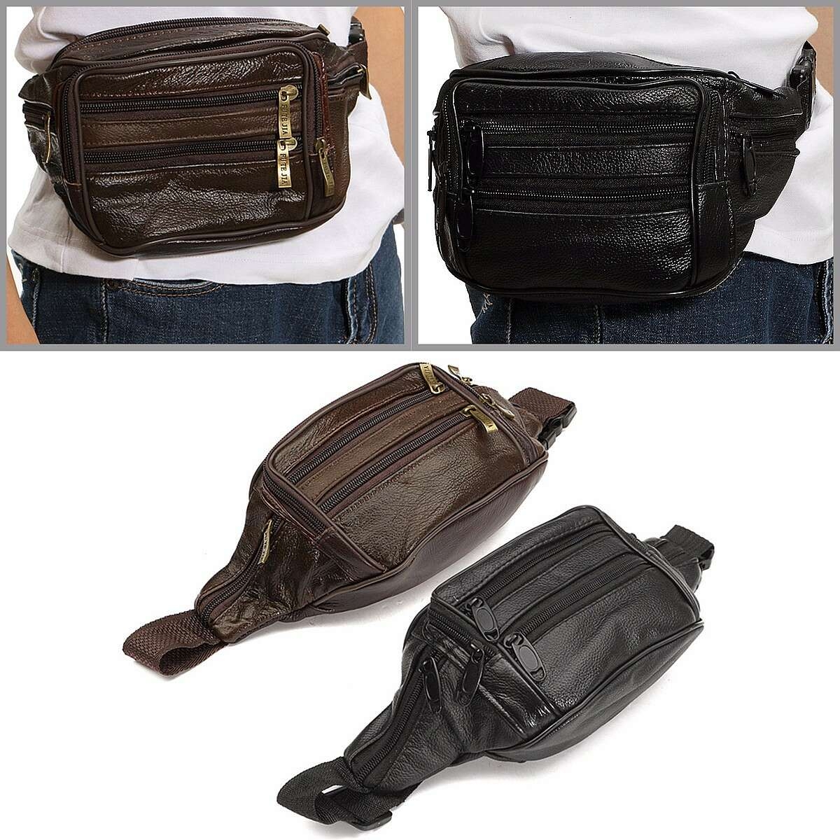 Fashion Men Genuine Leather Waist Bag Multipocket Hip Purse Travel