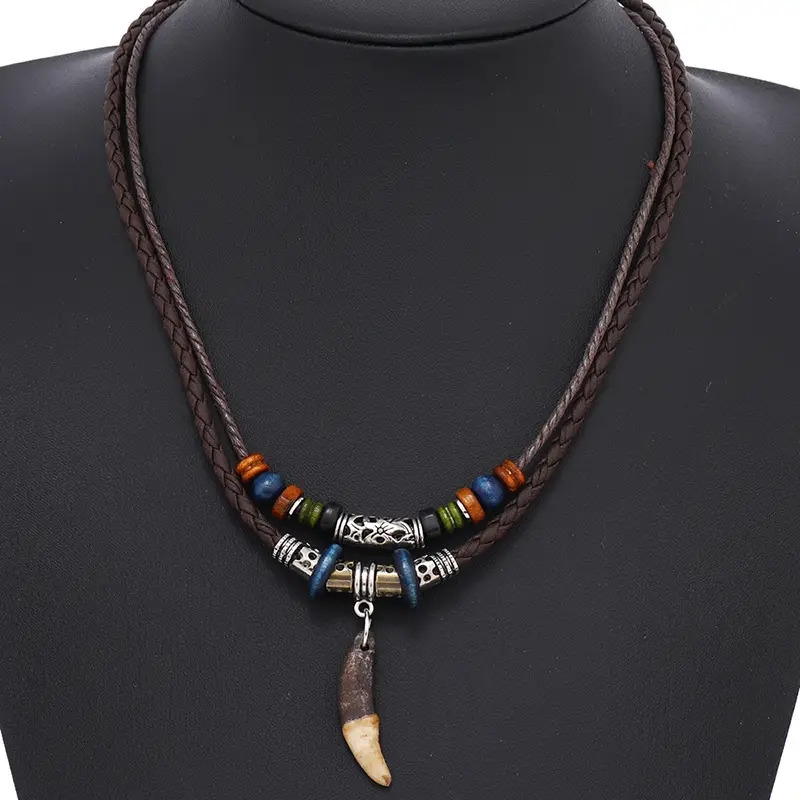 1pc retro style accessories pendant mens leather necklace multi layer long necklace for men and women details 2