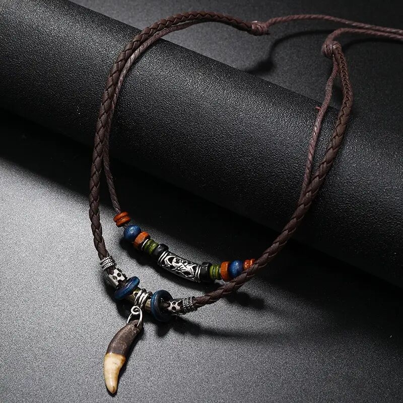 1pc retro style accessories pendant mens leather necklace multi layer long necklace for men and women details 5