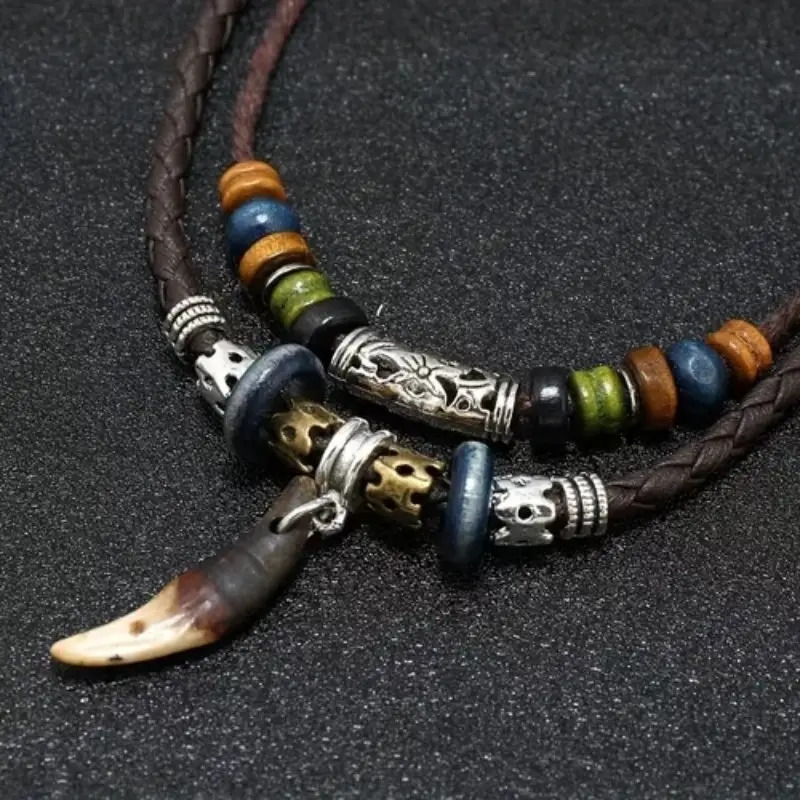 1pc retro style accessories pendant mens leather necklace multi layer long necklace for men and women details 0
