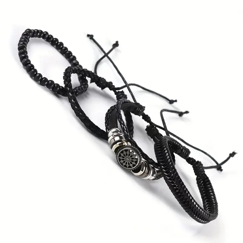 4pcs set mens vintage braided leather bracelet combination accessories cowhide bracelet details 2