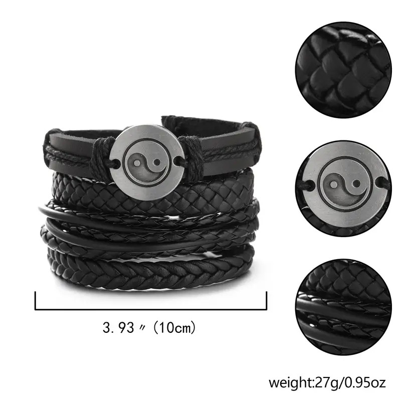 5pcs set mens yin yang tai chi woven hand rope leather bracelet details 0