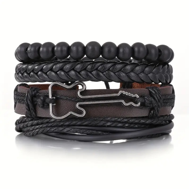 vintage   piece set guitar charm woven leather bracelets with black wood beads for men fashionable personalized artificial leather and alloy pendant no mosaic jewelry details 2