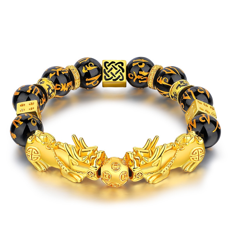 Men's large Vietnamese sand gold brave bracelet obsidian six-character mantra prayer beads bracelet imitation gold solid leather hills