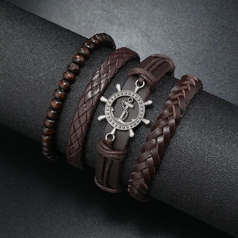 4pcs set mens retro metal boat   bracelet beaded hand jewelry details 0