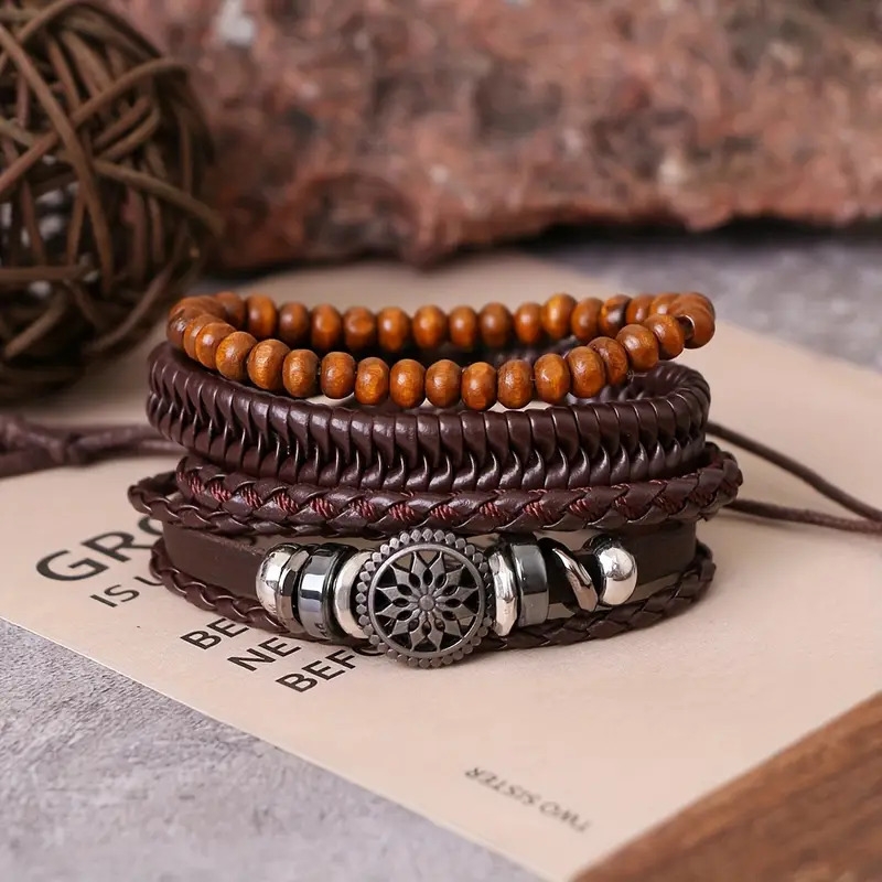 4 piece set brown beaded   leather bracelet stackable braided artificial leather wristbands sports style no mosaic material unisex fashion accessory perfect gift for couples details 3