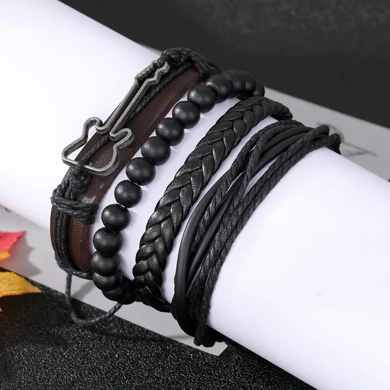 vintage   piece set guitar charm woven leather bracelets with black wood beads for men fashionable personalized artificial leather and alloy pendant no mosaic jewelry details 6