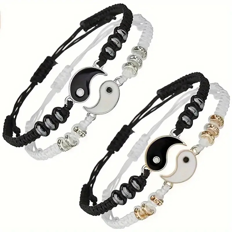 2pcs set yin yang tai chi bracelets in   white handcrafted braided rope for couples fashion accessory details 2