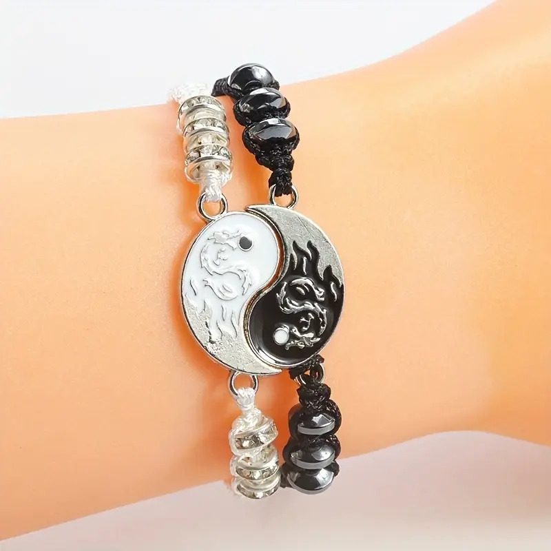 black white beaded bracelet chinese style hand string jewelry for women men details 0