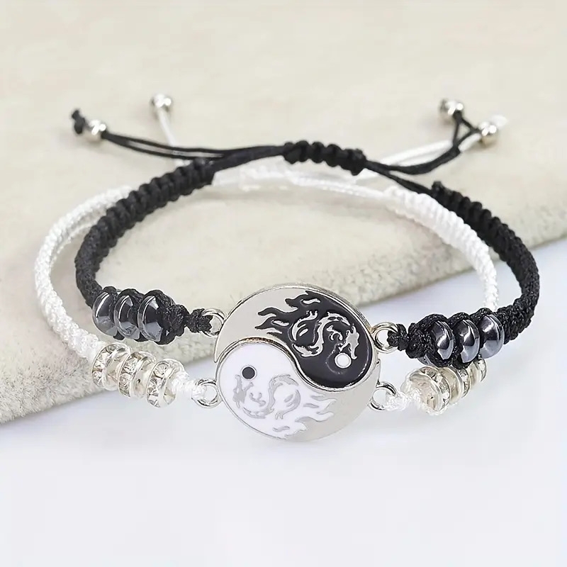black white beaded bracelet chinese style hand string jewelry for women men details 1