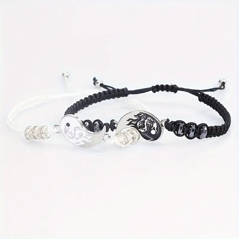 black white beaded bracelet chinese style hand string jewelry for women men details 6