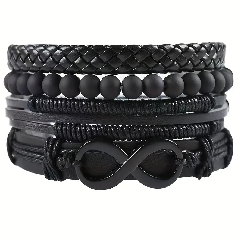 4pcs black 8 shaped alloy set combination cowhide bracelet   hand rope for men details 0