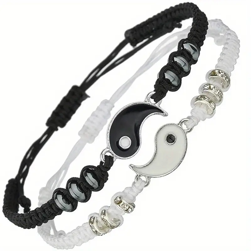 2pcs yin yang tai chi couple bracelets set handcrafted adjustable black white beaded braided cord with natural stone accents boho chic matching jewelry gift for lovers bracelet charms details 1