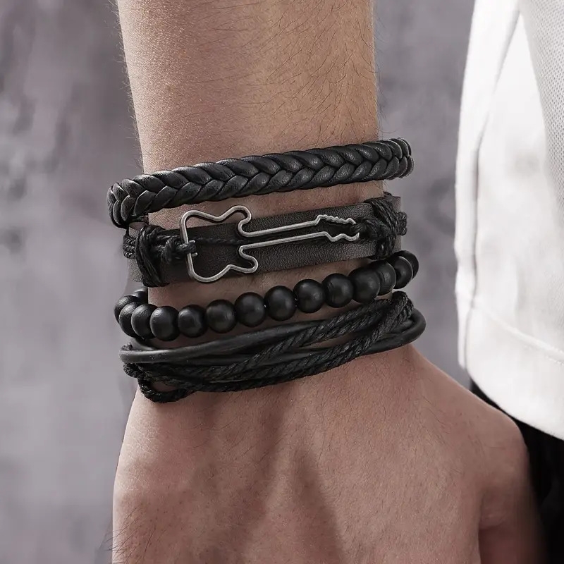 vintage   piece set guitar charm woven leather bracelets with black wood beads for men fashionable personalized artificial leather and alloy pendant no mosaic jewelry details 5