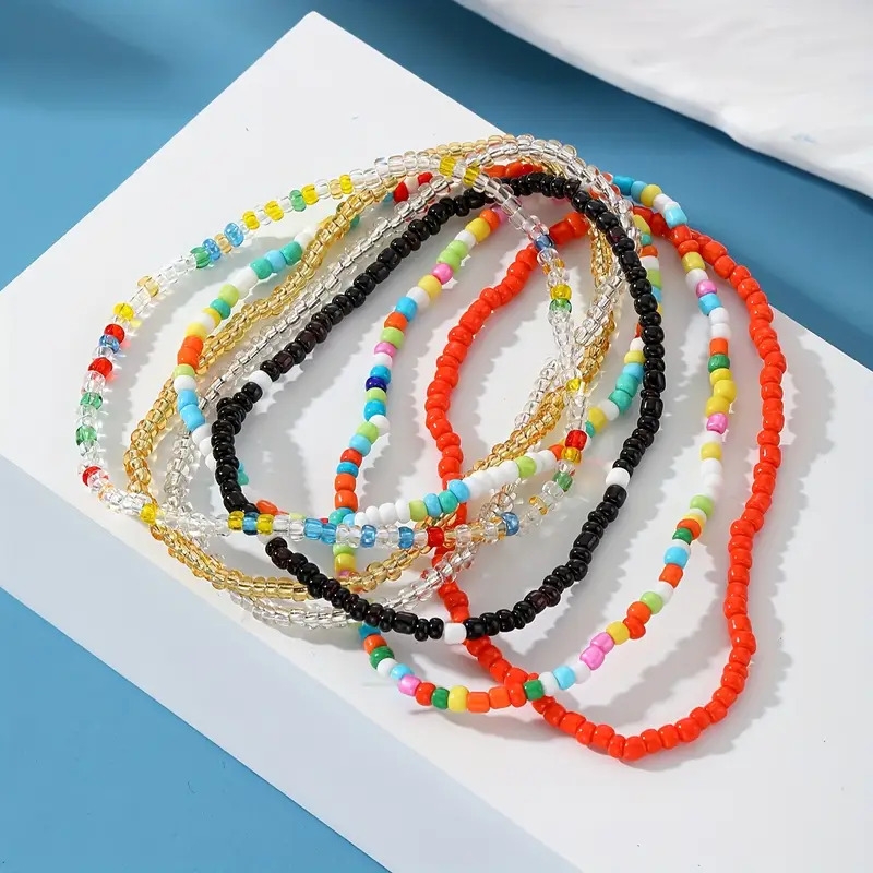 set of 7 colorful vintage elastic bead anklets for   for stacking and vacation fashion Product details 0