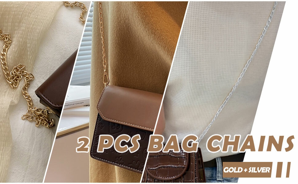 Split image showcasing bag chains in gold and silver. Text overlay reads '2 PCS BAG CHAINS'. Various fabric textures visible in background.